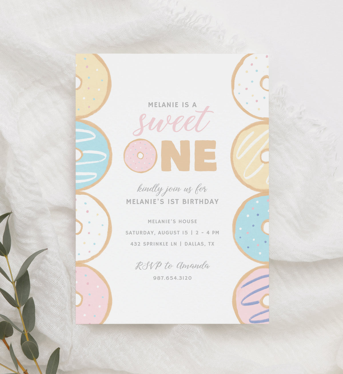Editable Sweet One Donut Birthday Party Invitation Template