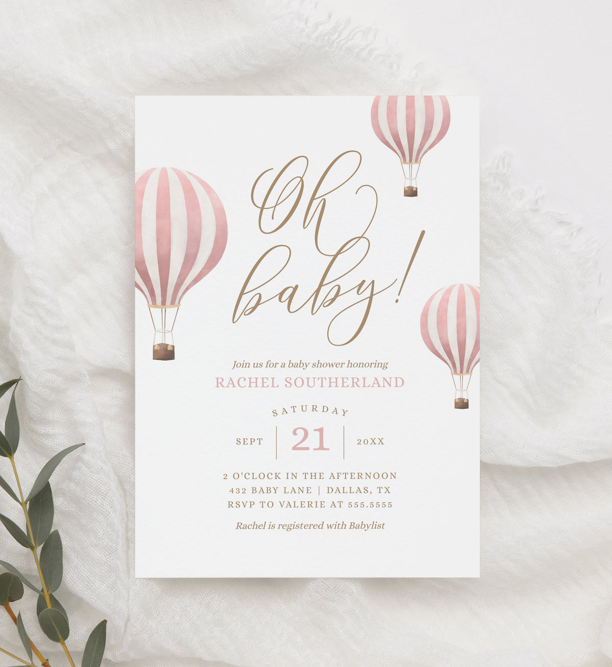 Editable Pink Hot Air Balloon Baby Shower Invitation Template No. 2