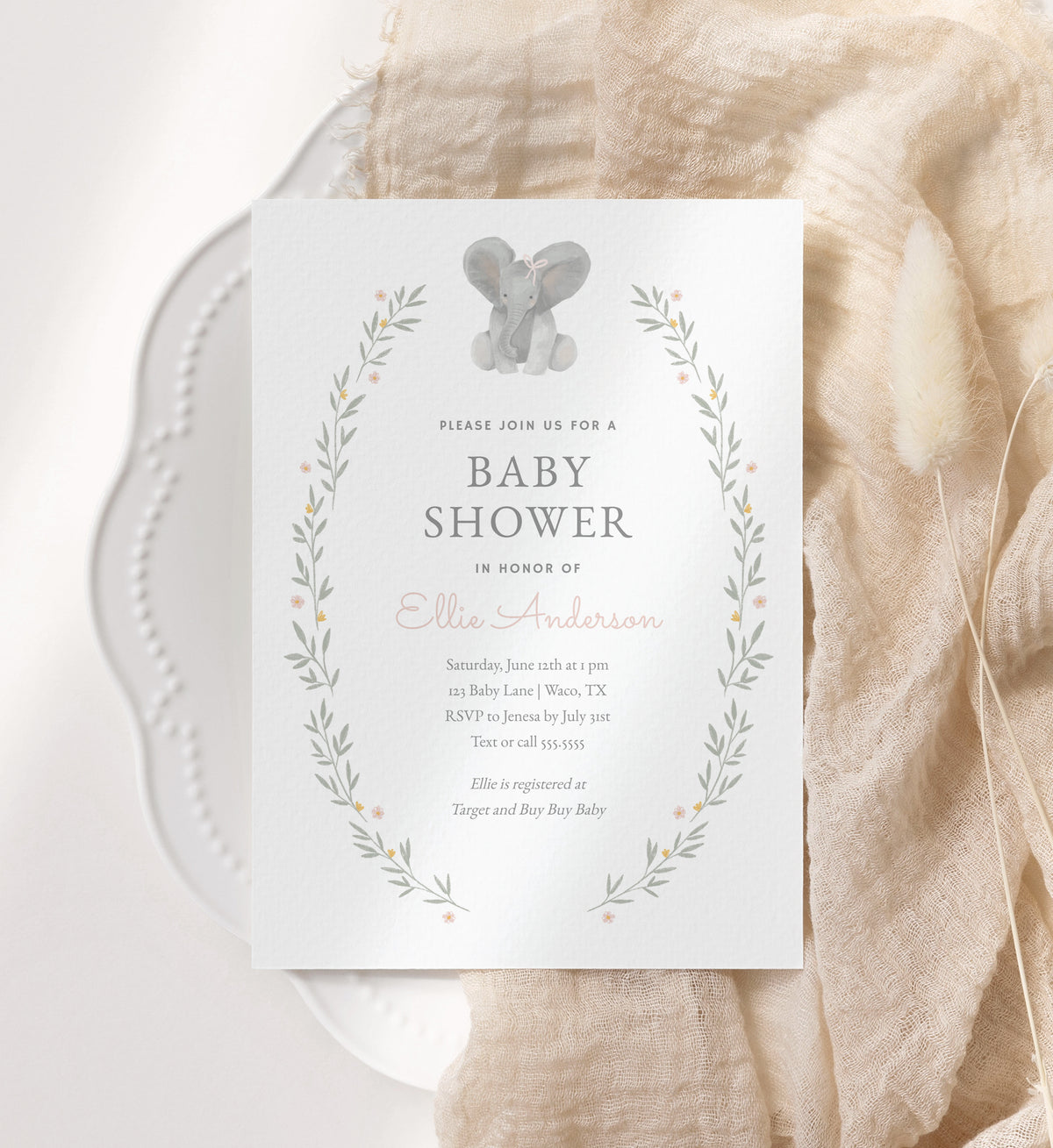 Editable Floral Elephant Baby Shower Invitation Template
