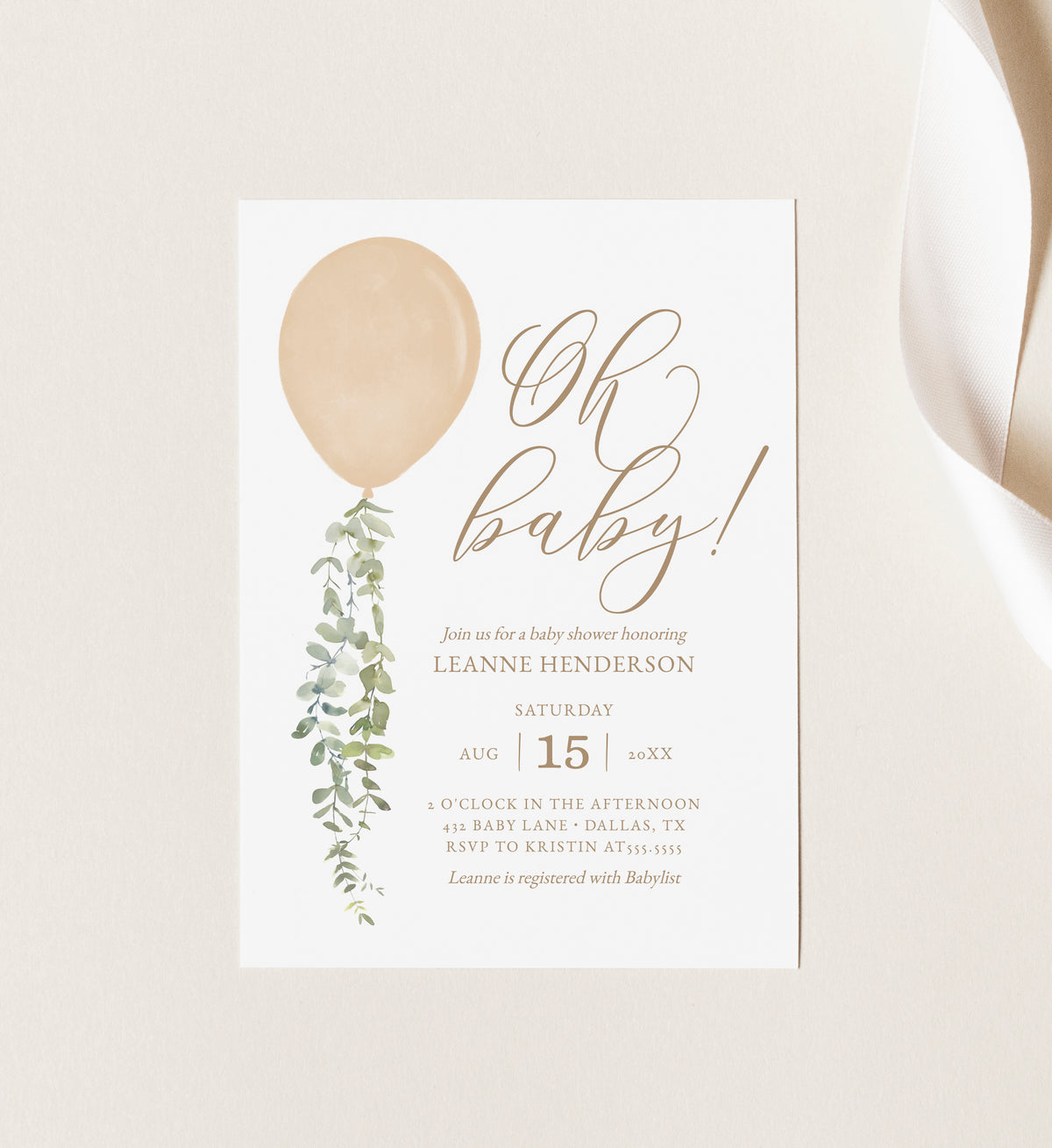 Editable Gold Balloon Baby Shower Invitation Template