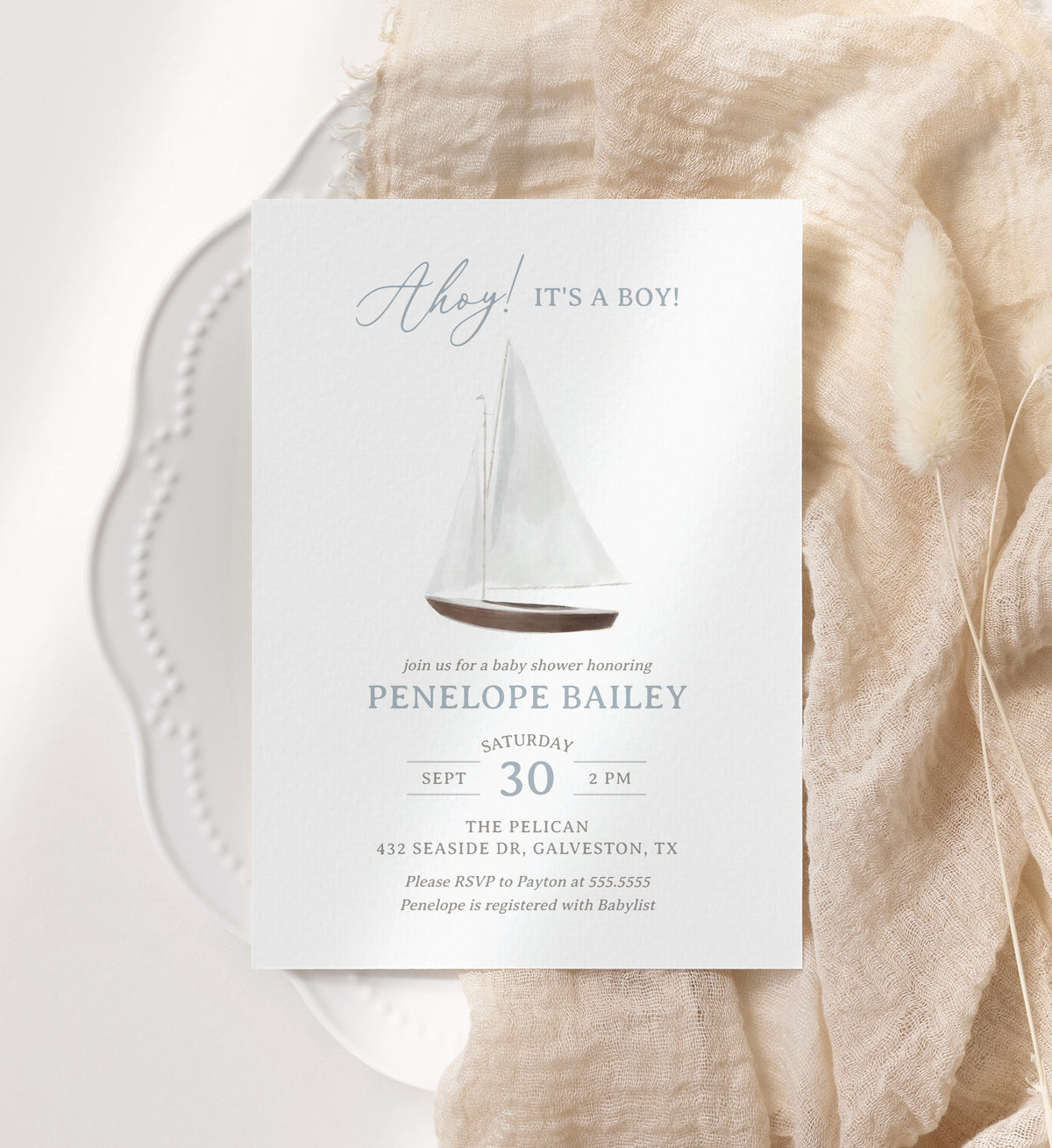 Editable Sailboat Nautical Baby Shower Invitation Template