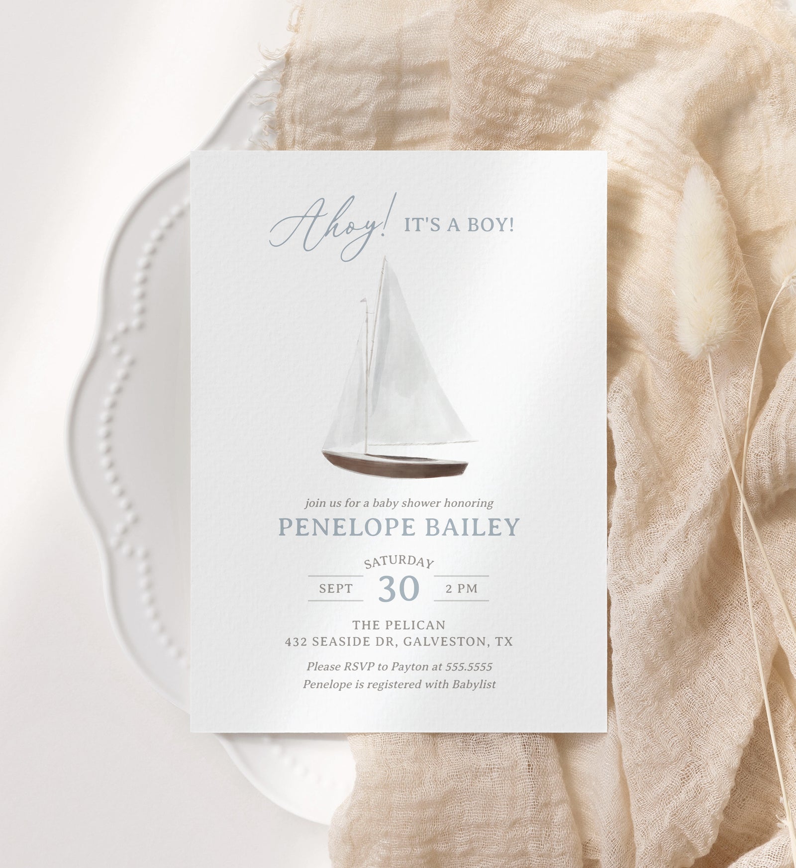 Editable Sailboat Nautical Baby Shower Invitation Template