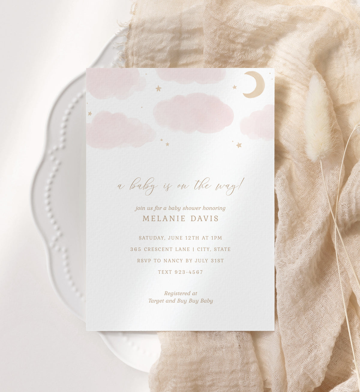 Editable Pink Moon and Stars Baby Shower Invitation Template