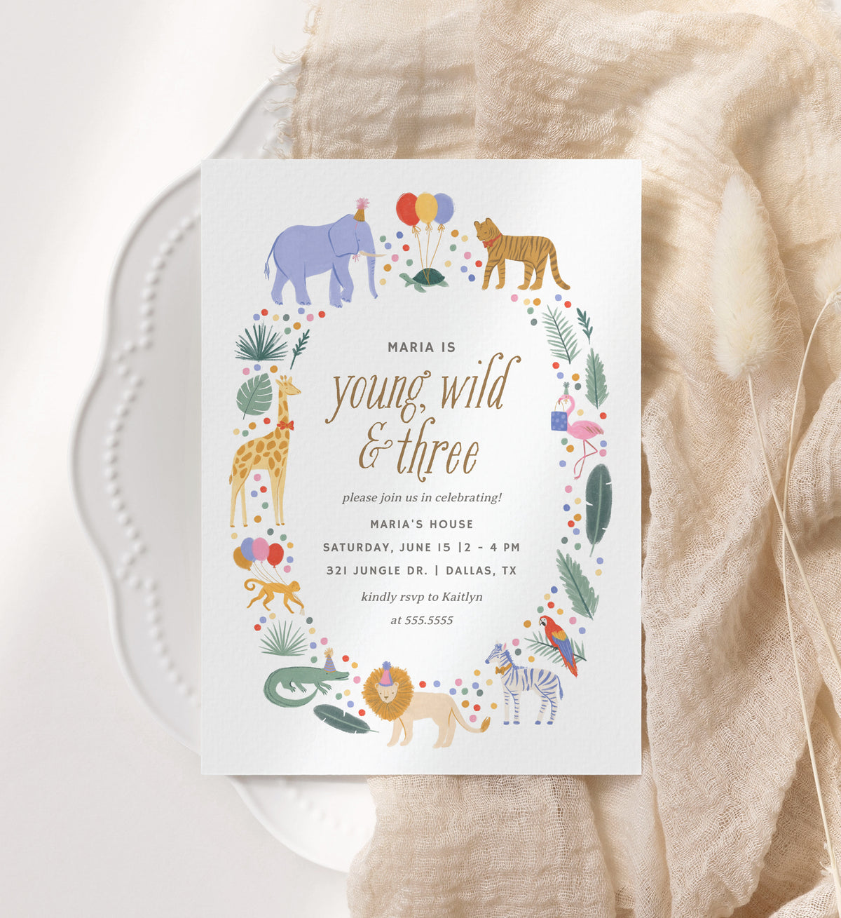 Editable Young Wild and Three Safari Animals Birthday Party Invitation Template
