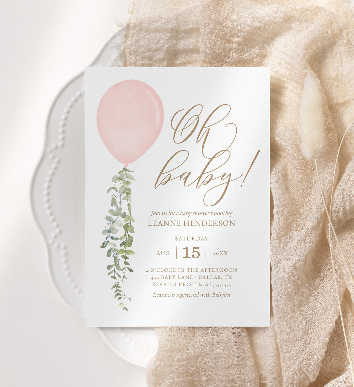 Editable Pink Balloon Baby Shower Invitation Template
