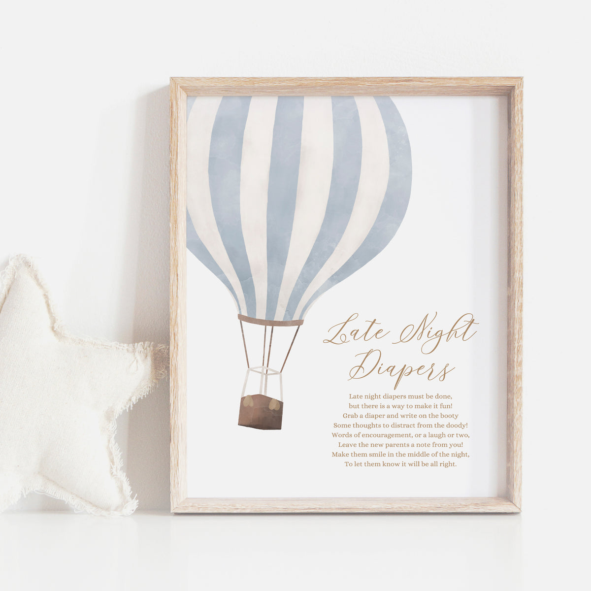 Blue Hot Air Balloon Baby Shower Late Night Diapers Sign