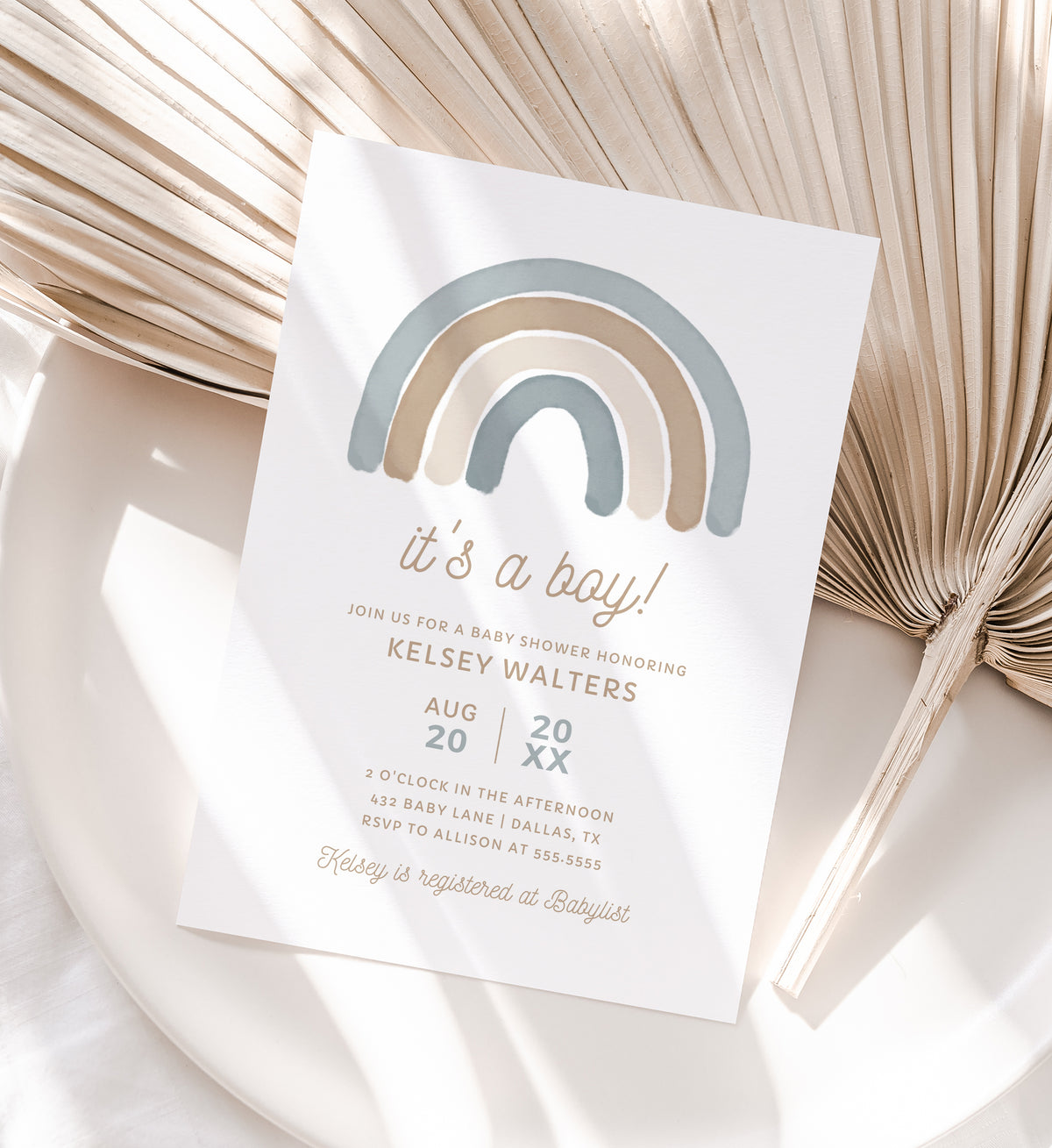 Editable Blue Rainbow Boy Baby Shower Invitation Template