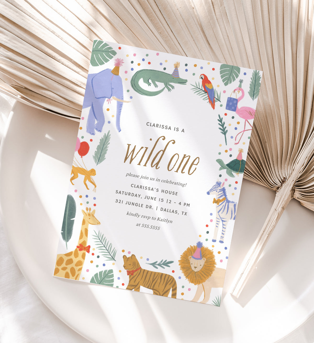 Editable Wild One Safari Animals Birthday Party Invitation Template