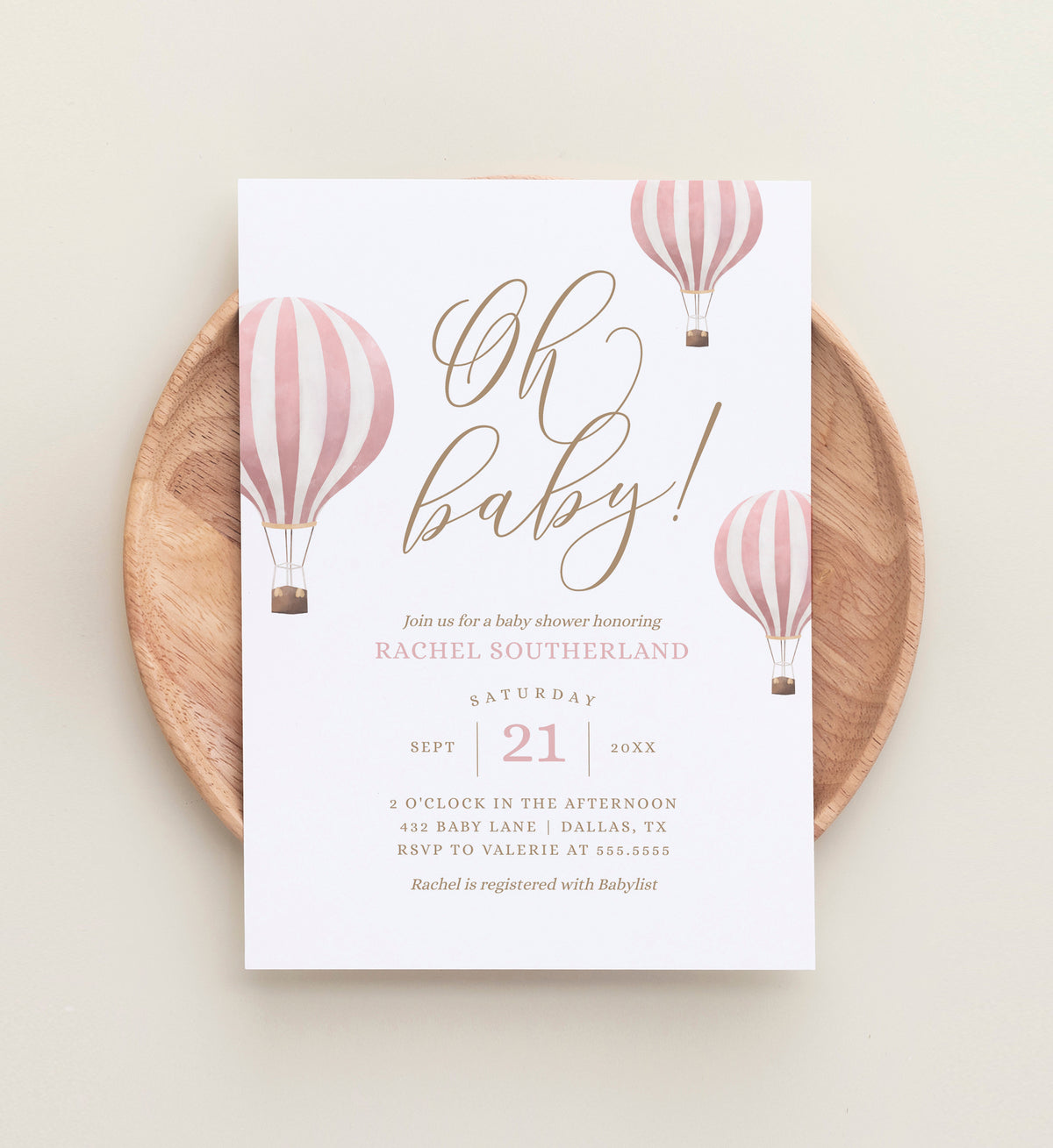 Editable Pink Hot Air Balloon Baby Shower Invitation Template No. 2
