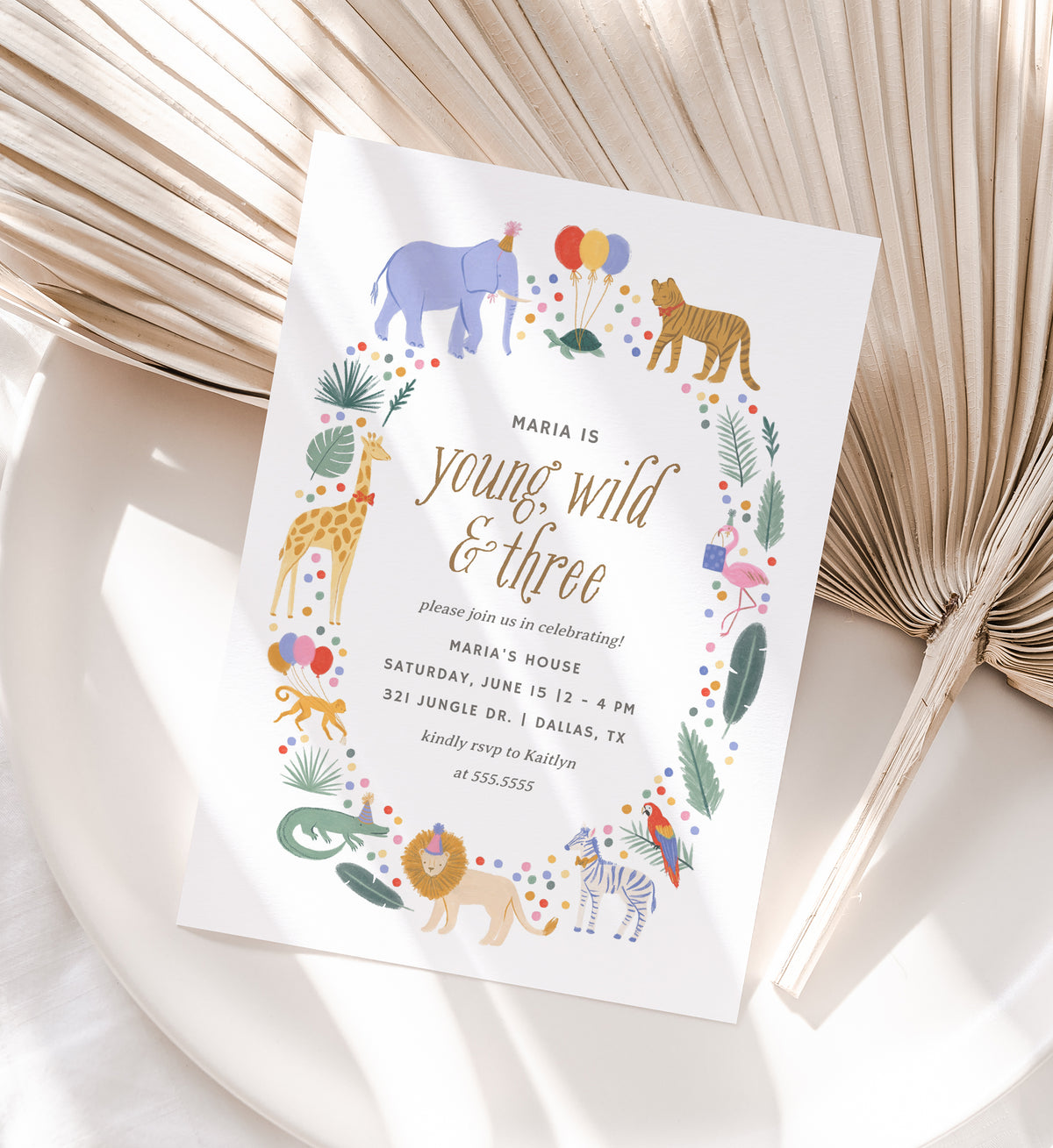 Editable Young Wild and Three Safari Animals Birthday Party Invitation Template