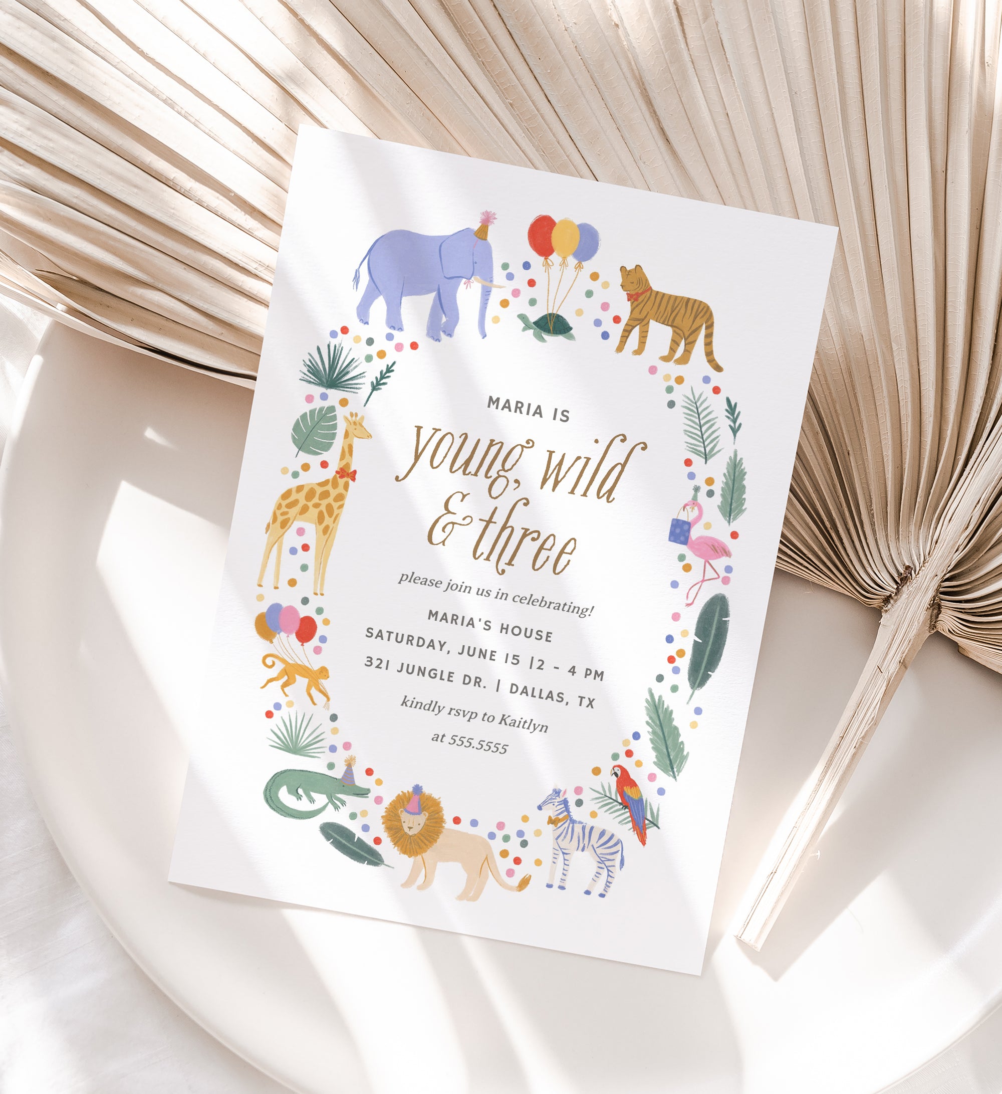 Editable Young Wild and Three Safari Animals Birthday Party Invitation Template