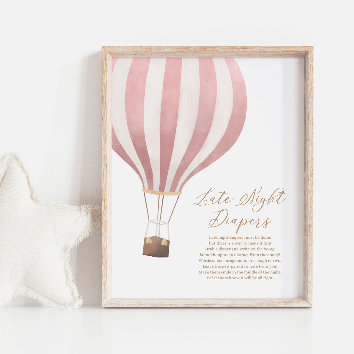 Pink Hot Air Balloon Baby Shower Late Night Diapers Sign