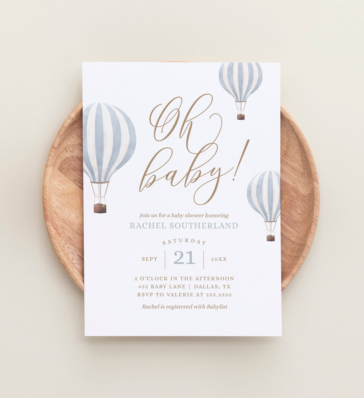 Editable Blue Hot Air Balloon Baby Shower Invitation Template No. 2