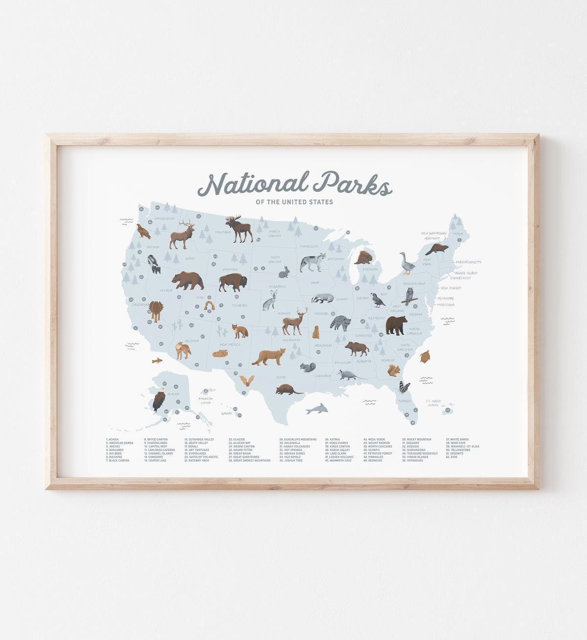 National Parks Map Print - Blue