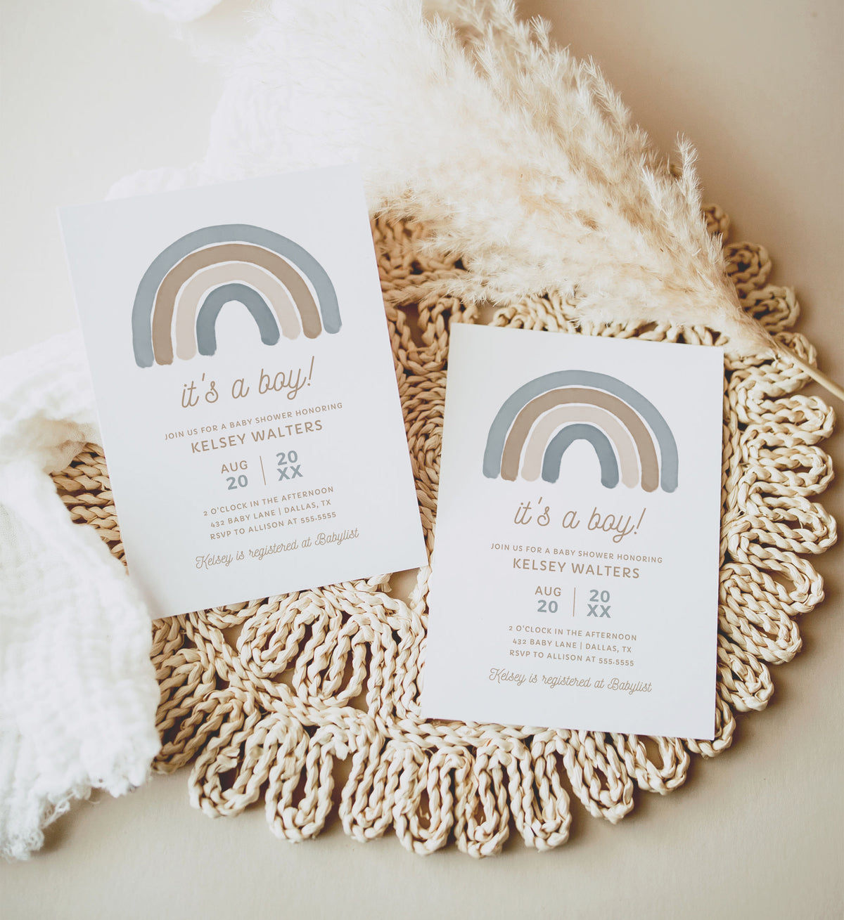 Editable Blue Rainbow Boy Baby Shower Invitation Template