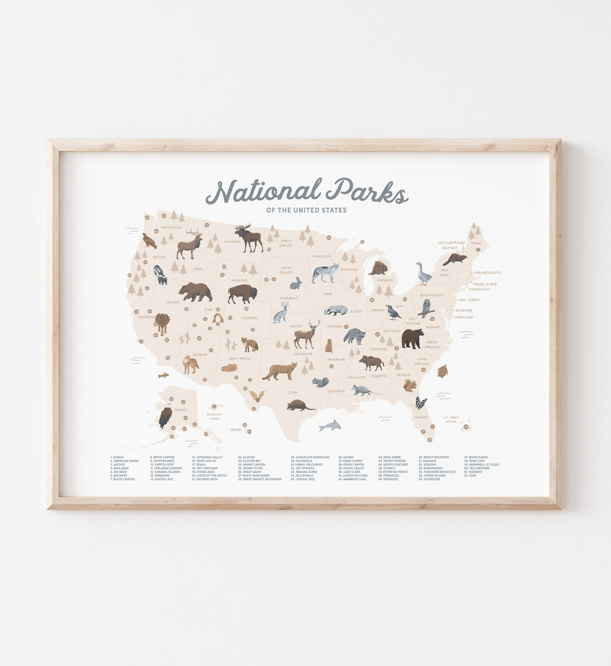 National Parks Map Print - Beige