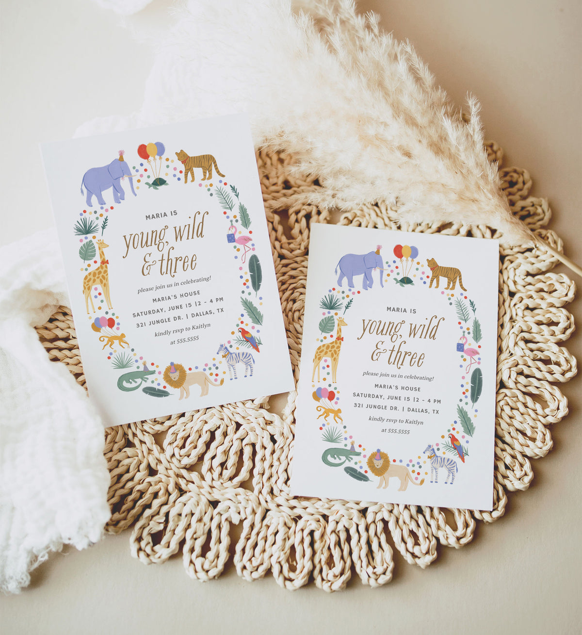 Editable Young Wild and Three Safari Animals Birthday Party Invitation Template