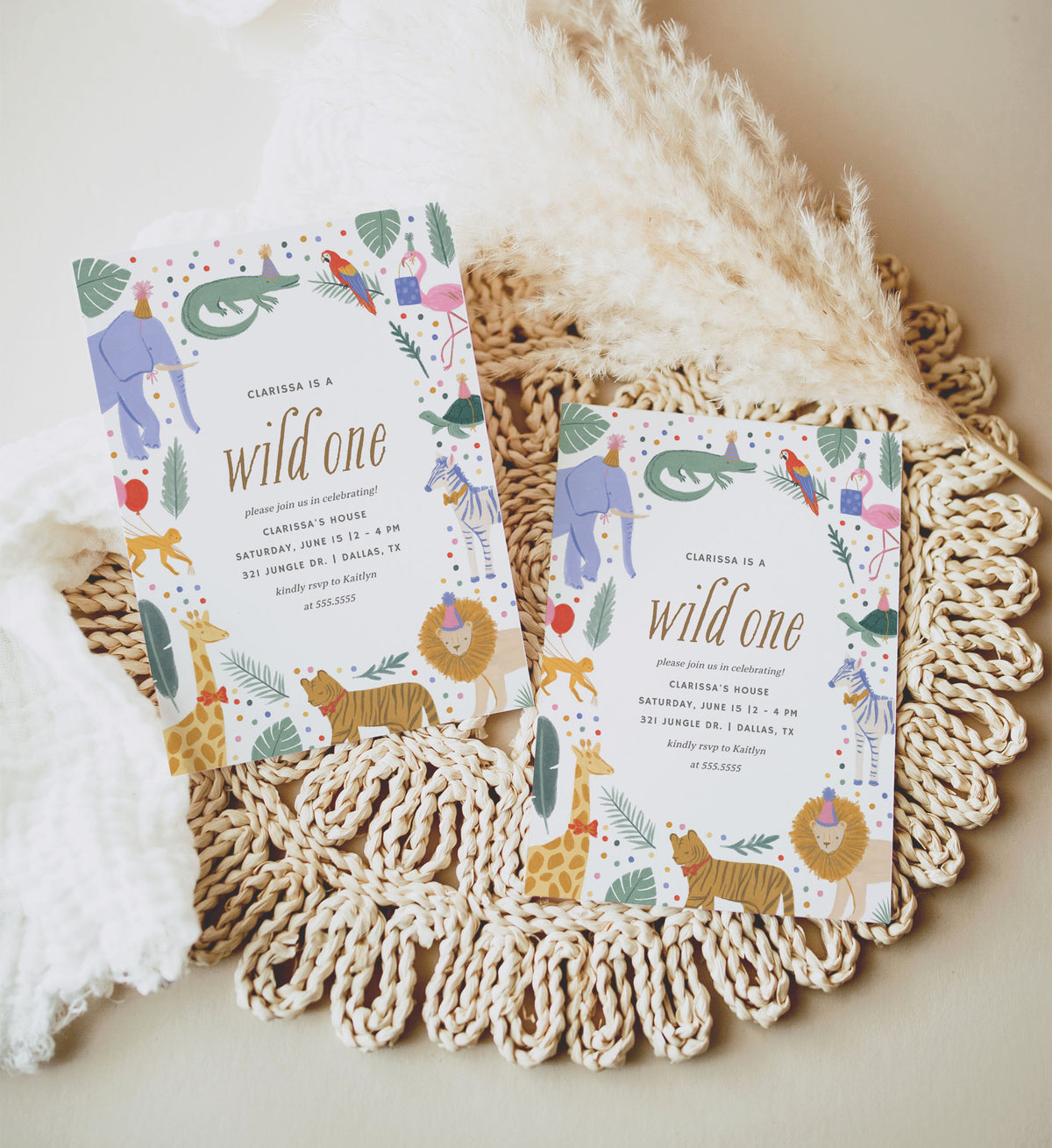 Editable Wild One Safari Animals Birthday Party Invitation Template