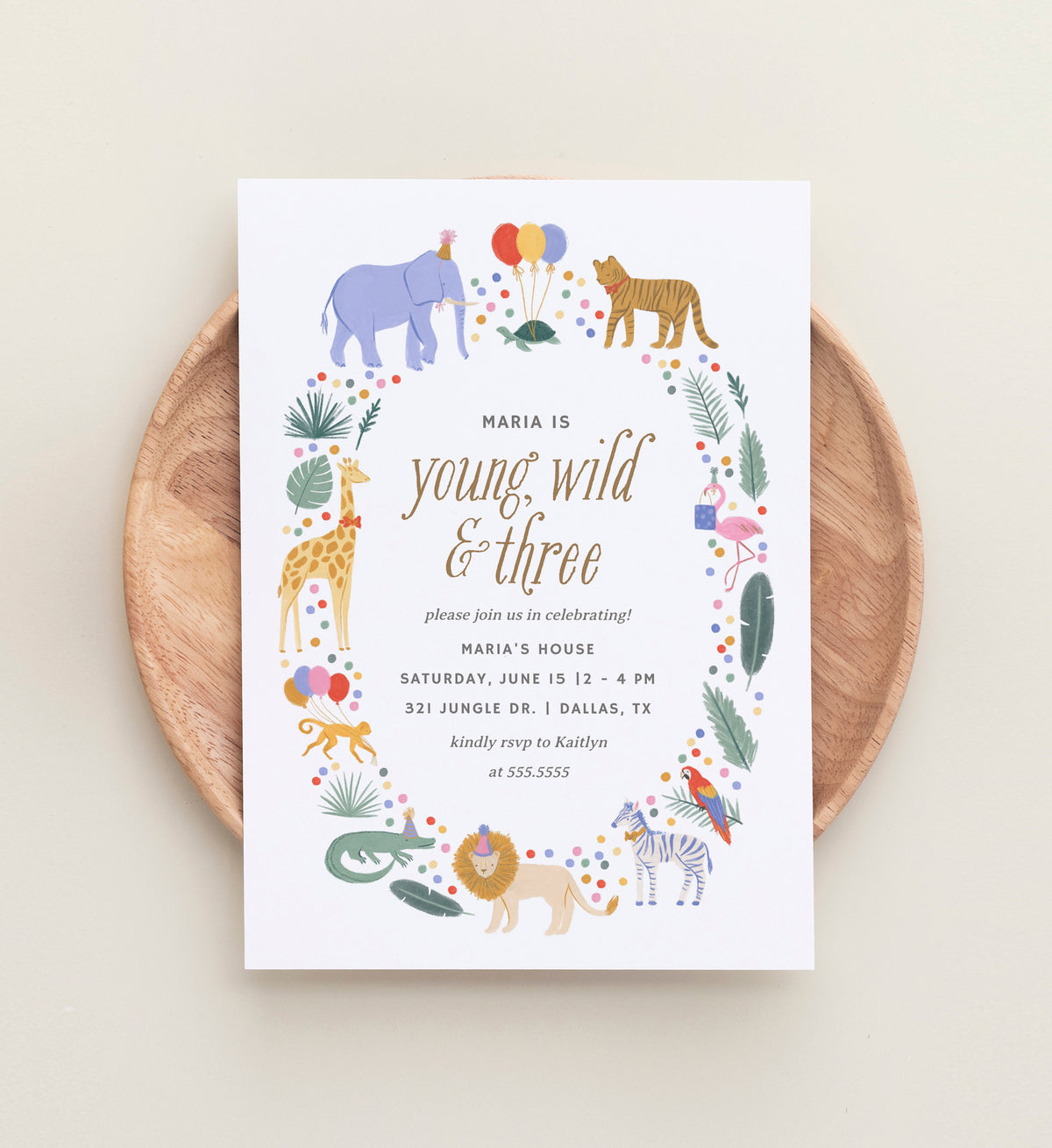 Editable Young Wild and Three Safari Animals Birthday Party Invitation Template