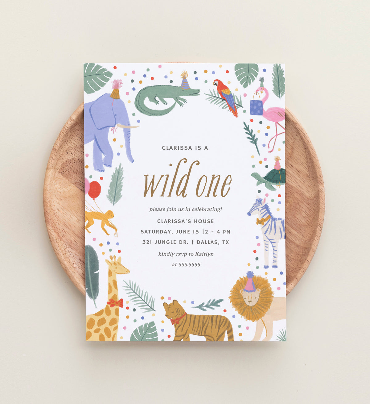 Editable Wild One Safari Animals Birthday Party Invitation Template