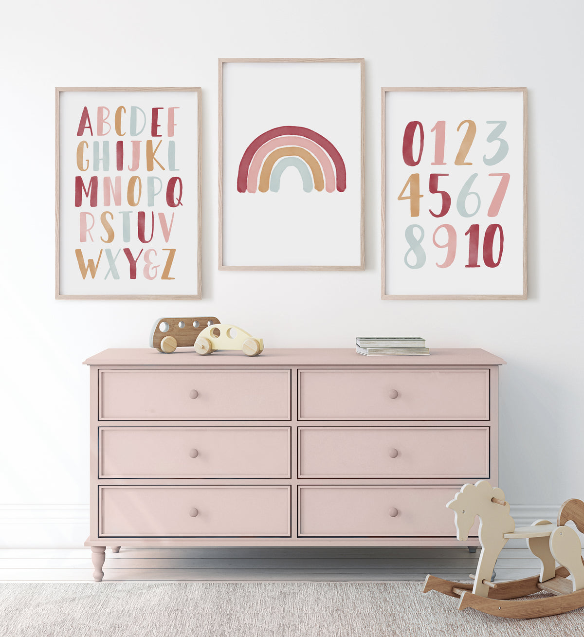 Rainbow, Alphabet &amp; Numbers Set of 3 Prints - Hot Pink