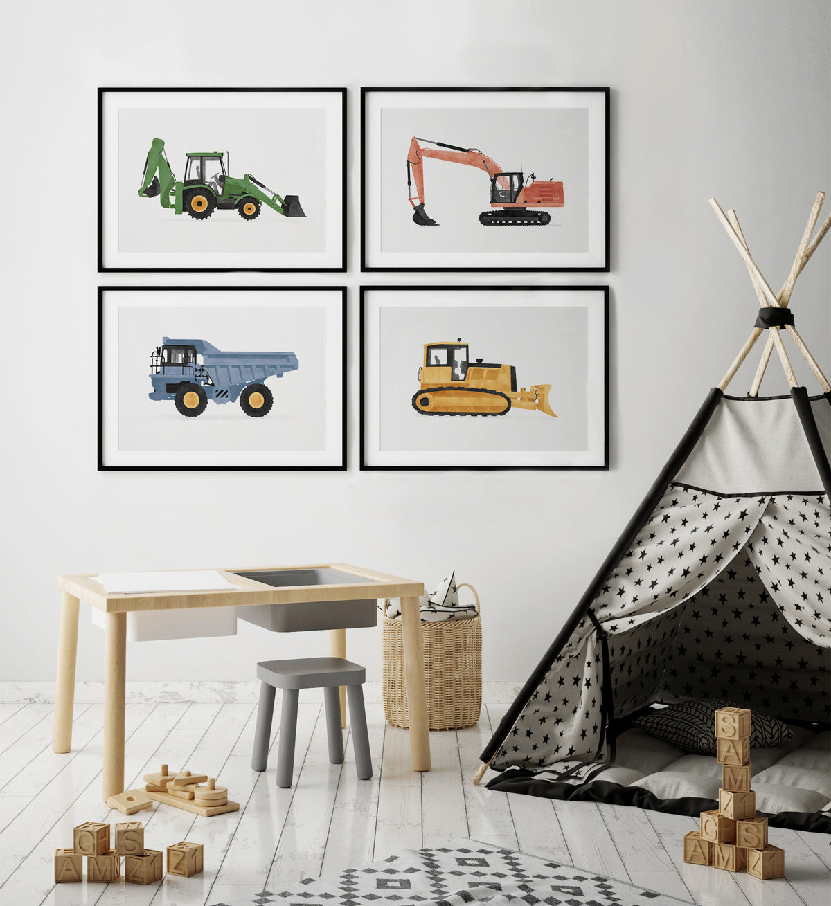 Construction Vehicles Set of 4 Horizontal Prints - Colorful