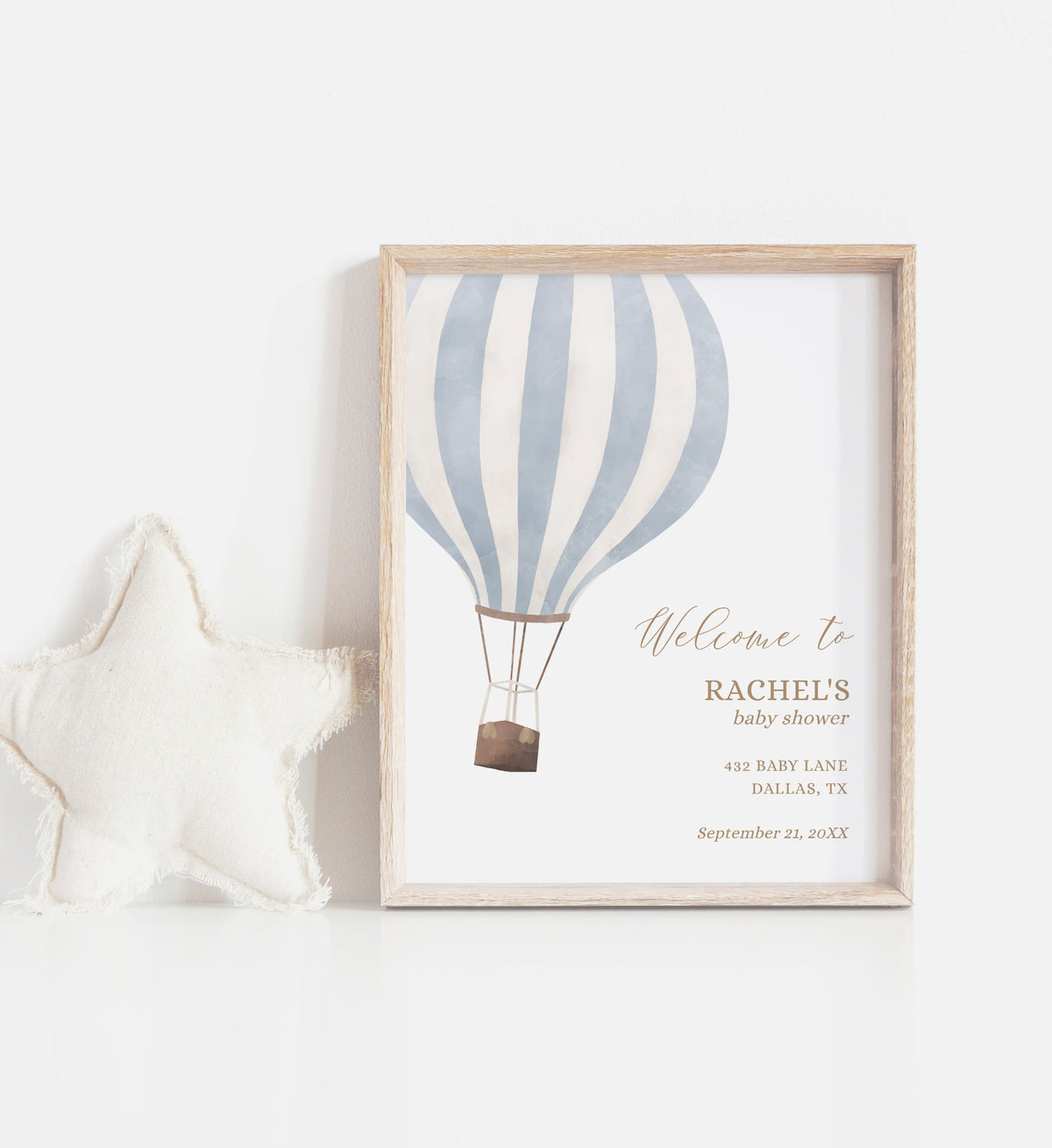 Editable Blue Hot Air Balloon Baby Shower Welcome Sign